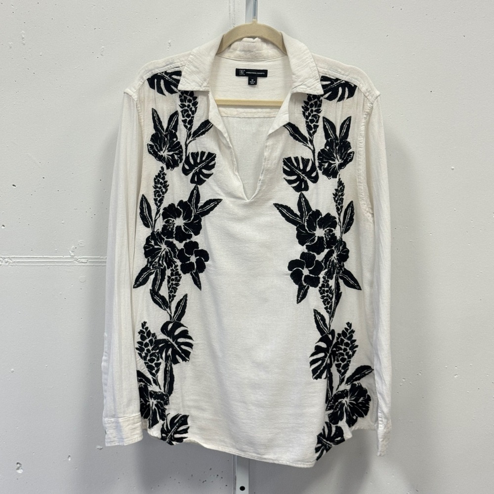 INC International Concepts White Black Floral Embroidered V-Neck Top Tunic Med
